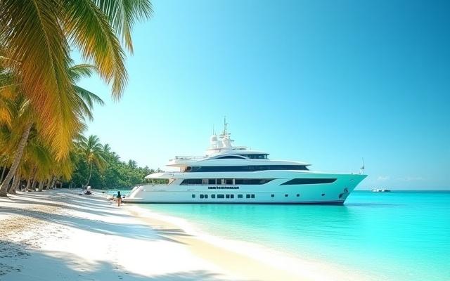 White sand beach, palm trees, and turquoise waters of the Caribbean